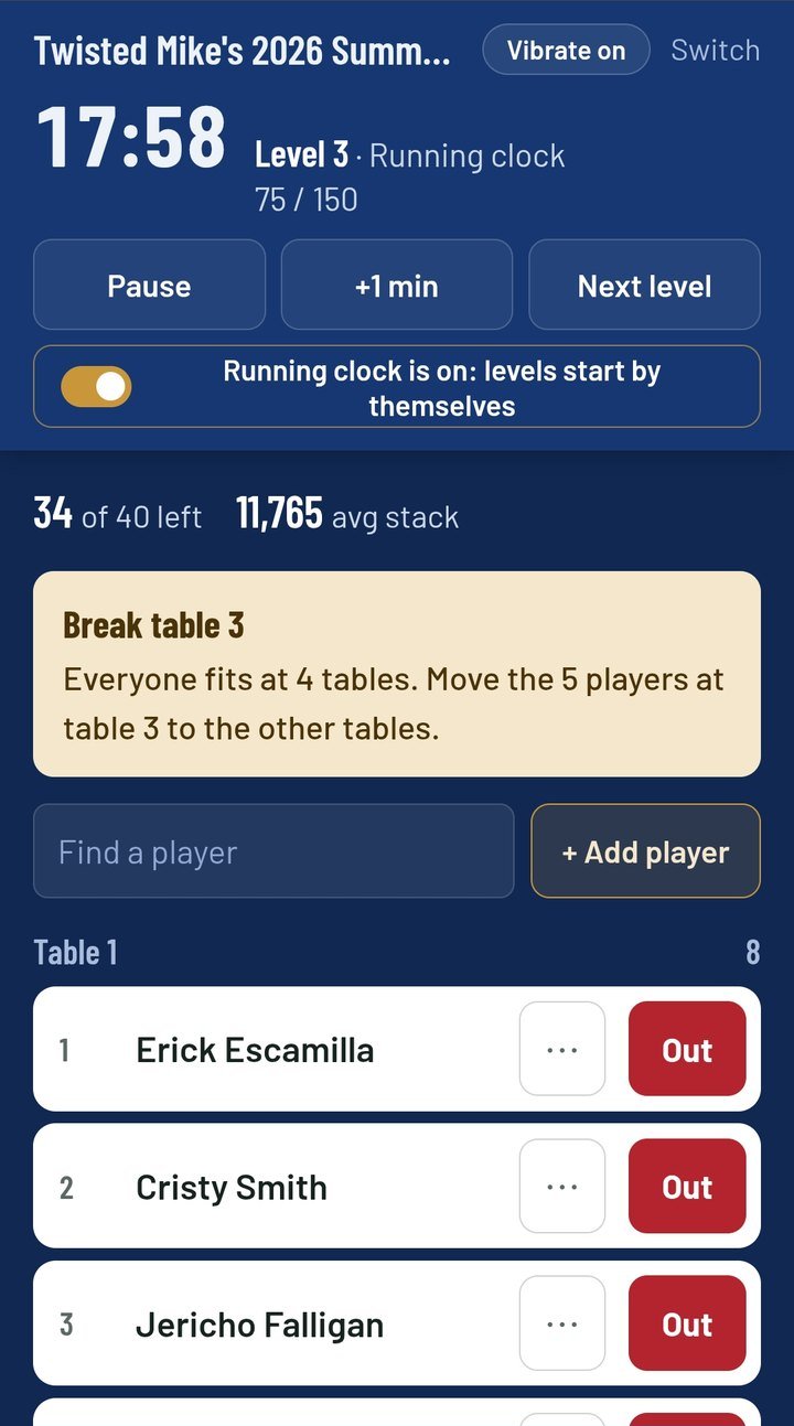 The director app on a phone with pause, add a minute, next level and Out buttons