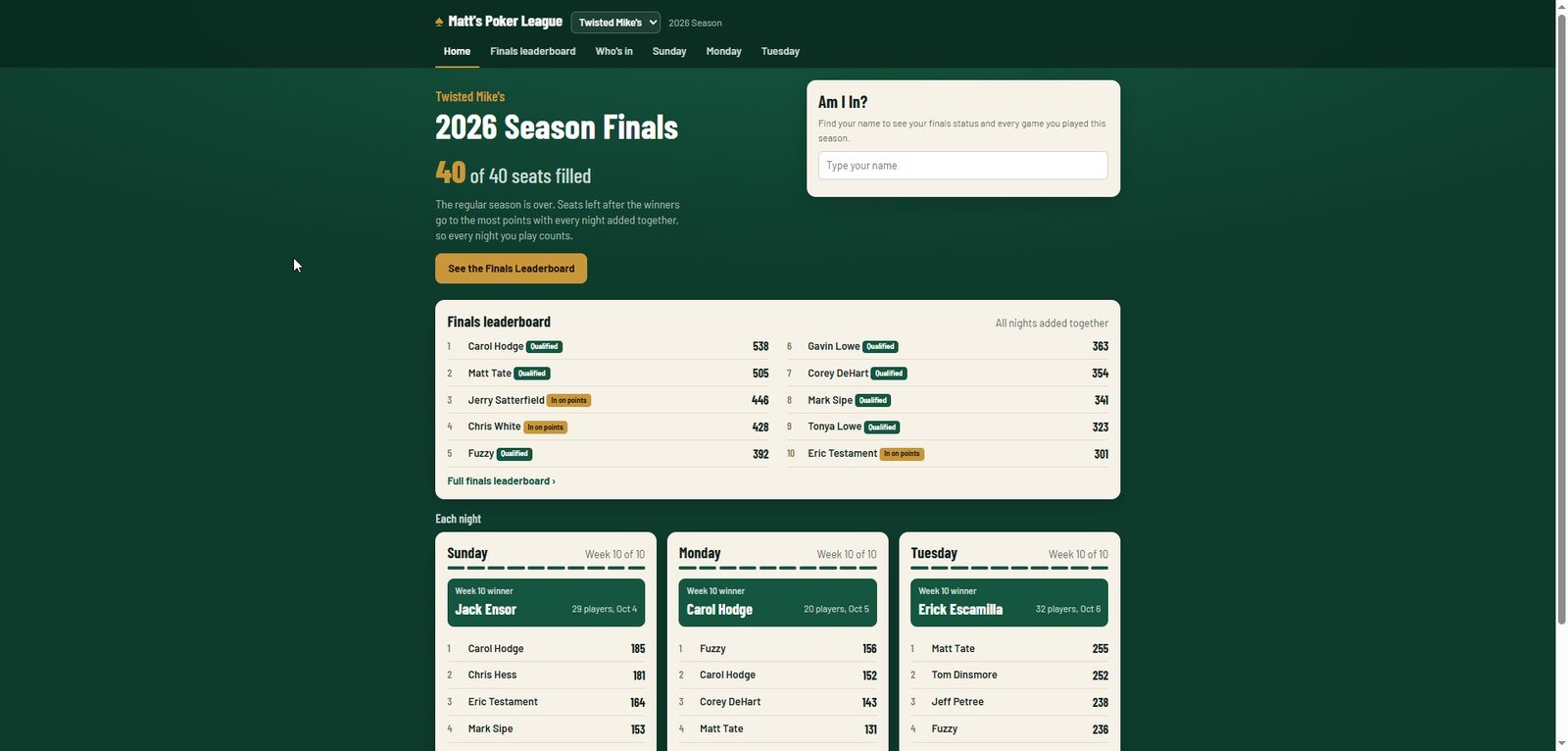 A league's public website with season finals seats, an Am I In? lookup and the finals leaderboard