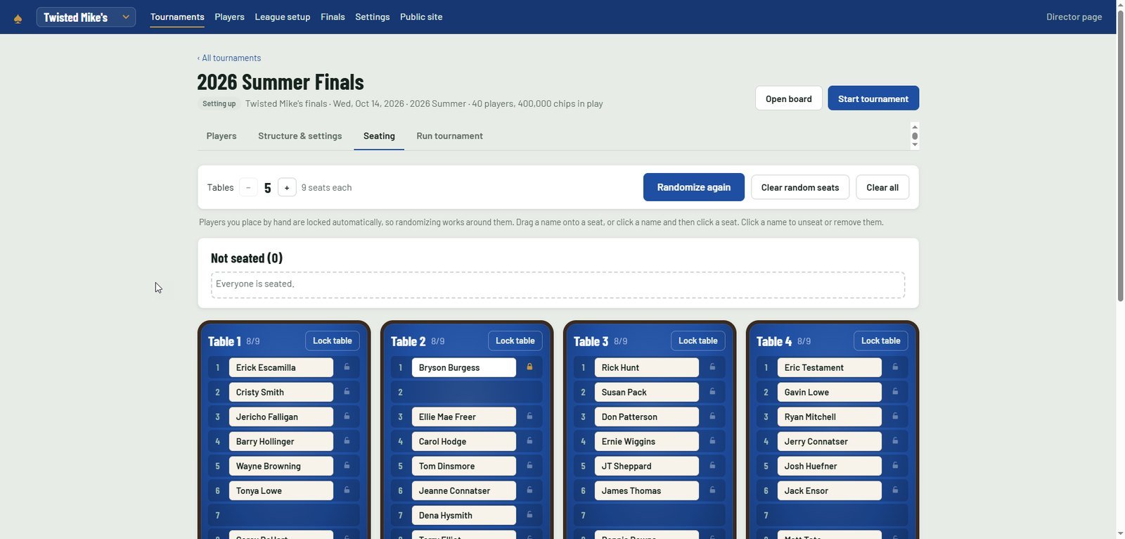 Seating screen: players randomized across tables, with lock and drag-and-drop controls