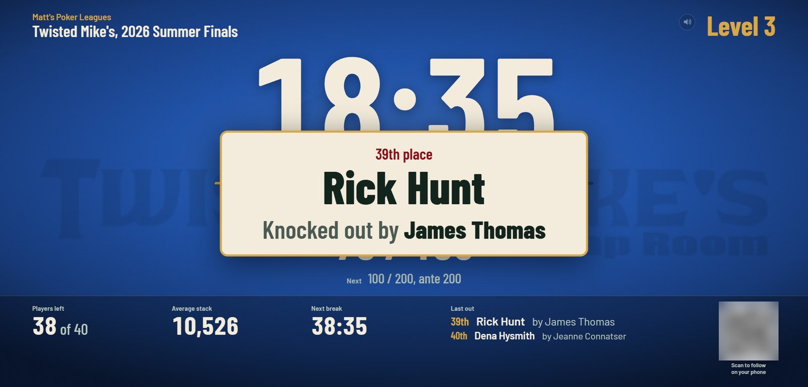 Tournament clock on the bar TV with a knockout pop-up showing who went out and who knocked them out